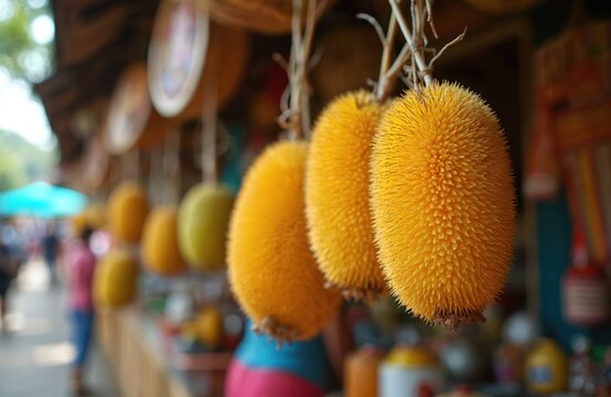 Close up photo of the exotic Tarap fruit. Ripe, vibrant yellow fruits are hanging in a street market stall. Unique spiky texture fruit looks fresh and delicious.
