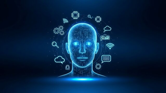 Digital human head with glowing icons. - Powered by Adobe