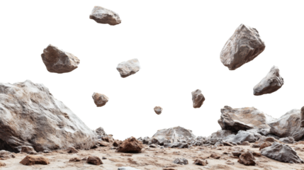 A surreal scene of rocks and boulders suspended in mid-air above a desolate, barren landscape