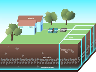 Septic tank and drainage field system vector illiustrator, septic tank system process infographic, Groundwater contamination, Wastewater management concept