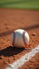 Baseball lies on infield dirt near white foul line. Sunlight casts shadows on the ball and ground. Sport ball is ready for the game. Close up sport equipment photo.