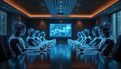 Fototapeta na wymiar Futuristic robots attend meeting in modern boardroom. Digital AI figures sit at conference table with screen displaying data. Cybernetic council discusses future tech at board meeting.