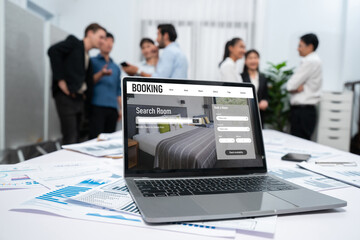Online hotel accommodation booking website provide brisk reservation system . Travel technology concept .