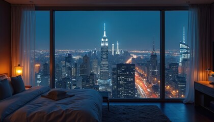 Modern bedroom offers expansive night view of city skyline from large window. Illuminated skyscrapers and glowing traffic lines create urban panorama. Cozy interior contrasts with bright city lights.