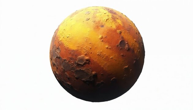 3D render depicts Io a Jupiter moon in space. Io shows volcanic activity with yellow orange surface and cratered terrain isolated against a blank white backdrop for astro science purposes.