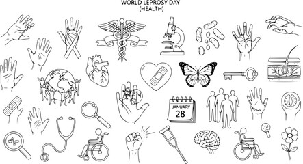 Fototapeta premium Medical Health Awareness Black and White Line Art Doodle Vector Set for World Leprosy Day. Featuring Hands, Microscope, Bacteria, Caduceus, Brain, and Symbols of Disease Prevention