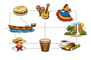 Vector Illustration of Eight Generic Venezuelan Cultural Icons Connected by Thin Lines, Clear Informative Visual, White Background