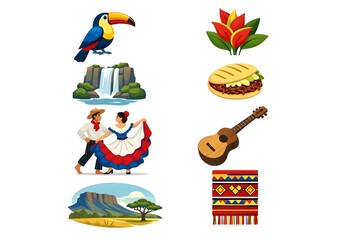 Vector Illustration of Eight Venezuelan Cultural Elements in Two Vertical Columns, Clean Design, White Background