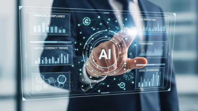 Closeup Businessman Hand interacting with AI dashboard representing financial compliance tax reporting digital currency and legal governance