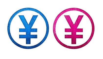 Obraz premium Two Yen Currency Symbols, One Blue One Pink Drawn with Chalk Texture, isolated on a transpar.png