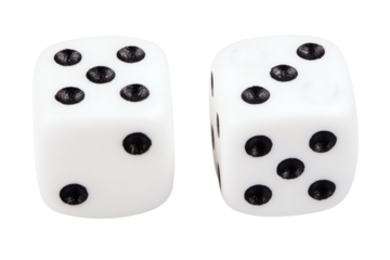 Two white dice with black dots, perfect for illustrating concepts of chance, strategy, and fun in various contexts.