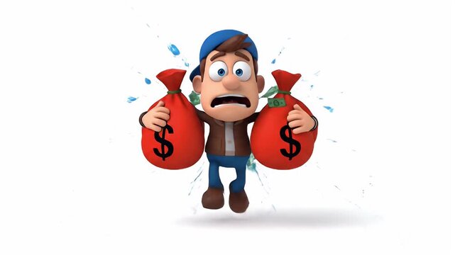 3D Cartoon Man Running Away with Two Red Money Bags