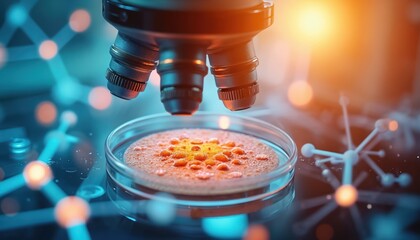 Microscope examines petri dish with stem cells in laboratory. Scientific research, medicine concept for cell regeneration, healing. Innovative bio tech experiments in modern science lab. Study of