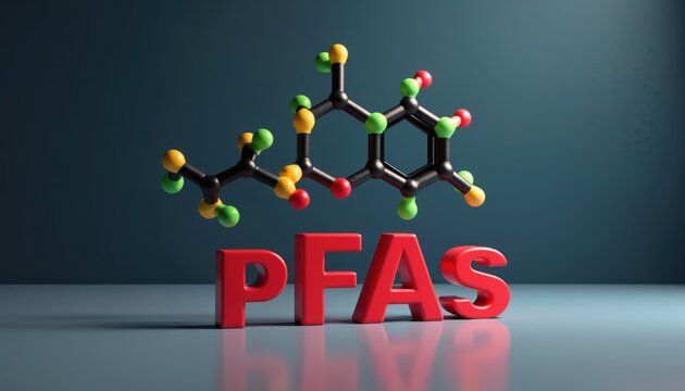 3D render illustration of PFAS molecule and letters. Per- and polyfluoroalkyl substances chemical concept for environment pollution and health issues. Concept for tech or science studies.