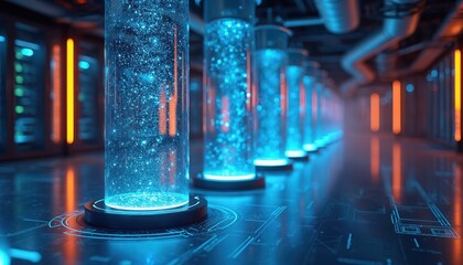 Futuristic data center displays glowing blue cylinders. Digital info streams as light particles within clear tubes. Advanced server racks, orange lights line high-tech facility. Cybernetic floor