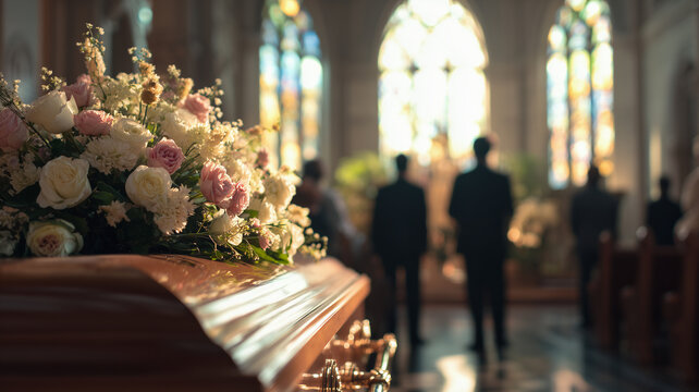 Floral arrangement of white and pink roses on a wooden casket in a solemn church setting, with blurred figures of mourners in the background, capturing a moment of remembrance and reflection