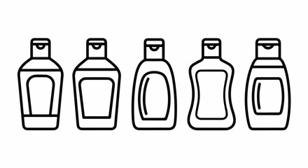 Line art vector icons set of cosmetic packaging bottles, featuring various shapes for shampoo, conditioner, or lotion, isolated on white background.