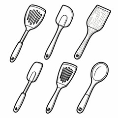 Black and white line art illustration featuring a set of common kitchen cooking utensils, including various spatulas, turners, and a spoon, isolated on white.