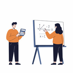 Two students or colleagues solving complex mathematical equations and graphing on a whiteboard using a calculator, conceptual flat vector illustration.