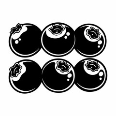 Black and white stylized vector illustration of six fresh blueberries arranged in two rows, isolated on a clean white background.
