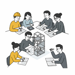 A team of architects, engineers, or students collaborating and discussing a structural design model during a business meeting or study session.