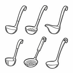 Outline vector collection of six different kitchen ladles, including standard soup scoops, slotted strainers, and measuring spoons for cooking and serving.