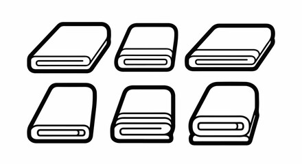 Set of six outline icons depicting various styles of neatly folded and rolled towels or textile products, suitable for laundry, housekeeping, or bathroom design.