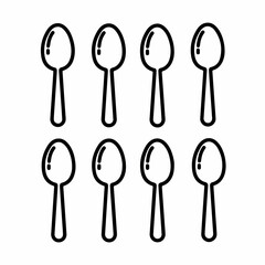 Outline icon illustration of a set of eight generic dessert or soup spoons arranged in a grid pattern, representing cutlery, kitchenware, or dining utensils.