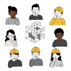 Illustrated diverse team contemplating complex architectural geometry, representing problem-solving, planning, and engineering innovation.