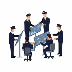 Pilots in uniform collaborating around large digital screens, managing air traffic control and flight operations in a professional operations center.