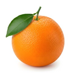 A vibrant, fresh orange fruit with a green leaf attached  Isolated on White background