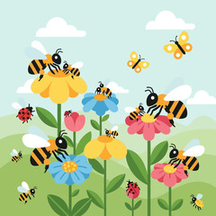 Cute bees and butterflies on colorful flowers in a spring meadow, cartoon style