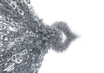 thousands of highly polished, reflective silver aluminum pull tabs swirling dynamically in an abstract vortex over a transparent background with intense specular highlights, concept of progressive