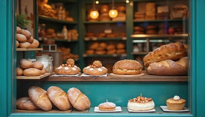 Bakery storefront display fresh baked goods including bread pastries and cakes. Exterior shot presents various items at window showcase. Tasty food store with appetizing products in shop.