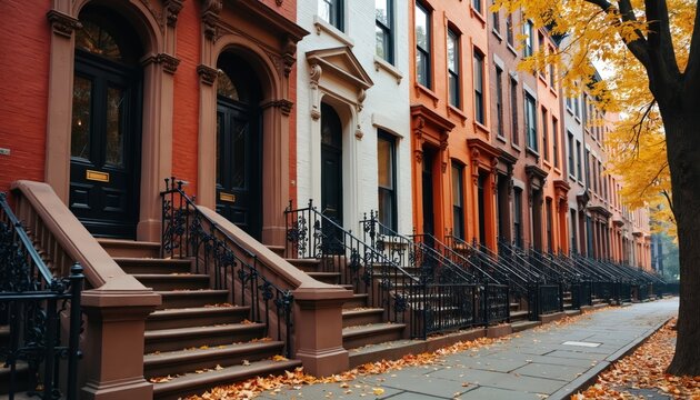 Historic New York City brownstone buildings line street during autumn. Colorful brick, painted facades with stoops, railings show urban life in quiet residential neighborhood. Yellow leaves cover