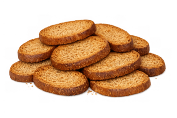 Pile of golden crispy italian crostini snacks ready for appetizers or bruschetta toppings on transparent background