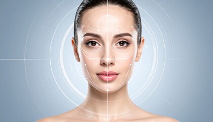 Portrait of a woman with digital facial recognition grid overlay, advanced technology