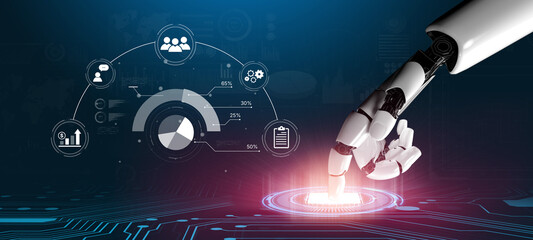 An AI assistant presents a project management dashboard with real-time data analysis. This smart business intelligence system visualizes workflow metrics and team performance. Fermion