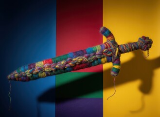 Colorful yarn sword against multicolored background decorative craftsmanship artistic display conceptual imagery