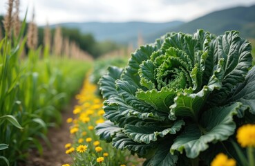 Kale plant grows in garden row near yellow flowers. Mountains and green trees at horizon. Farm plant growing in earth. Gardening theme with healthy eco food.