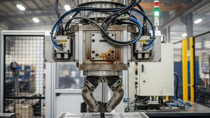 Close-up of an industrial robotic arm with wires and machinery in a factory setting.