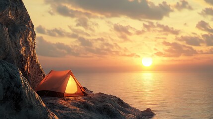 A small orange tent is set up on a rocky beach