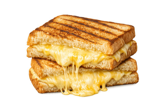 Stacked grilled cheese sandwich with melted cheddar dripping, comfort food snack on transparent background