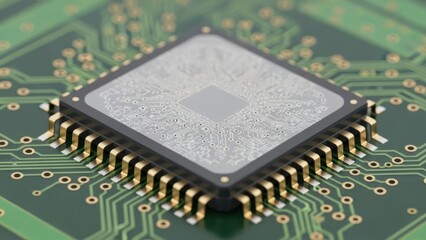 Close-up of a computer microchip on a green circuit board with gold connectors and