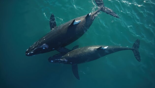 Aerial view of right whale and calf swimming in ocean. Mother whale swims with her baby whale in blue water. Marine mammals family migrates near sea surface. Animals in wild.