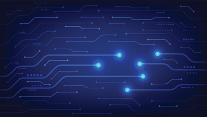circuit board on blue background with glowing light