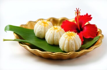 Obraz premium Three Ukdiche Modak sweets served on banana leaf in golden plate. Coconut jaggery filling steamed dumplings garnish. Red hibiscus flower decorates festive treat.