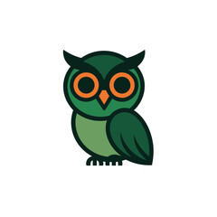 A cute cartoon owl with big orange eyes and green feathers in a minimalist vector illustration