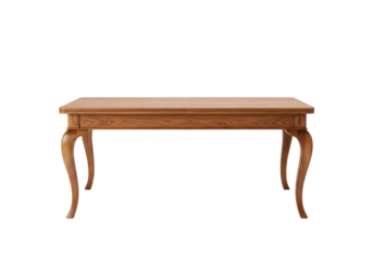 A light brown, highly polished antique-style walnut dining table with intricately carved, turned legs, isolated on a brilliant white studio backdrop, showcasing fine craftsmanship concept