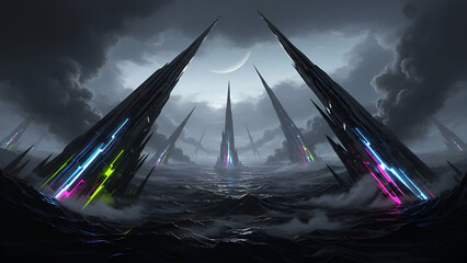 A Dystopian Seascape with Towering Crystal Formations Under a Crescent Moon